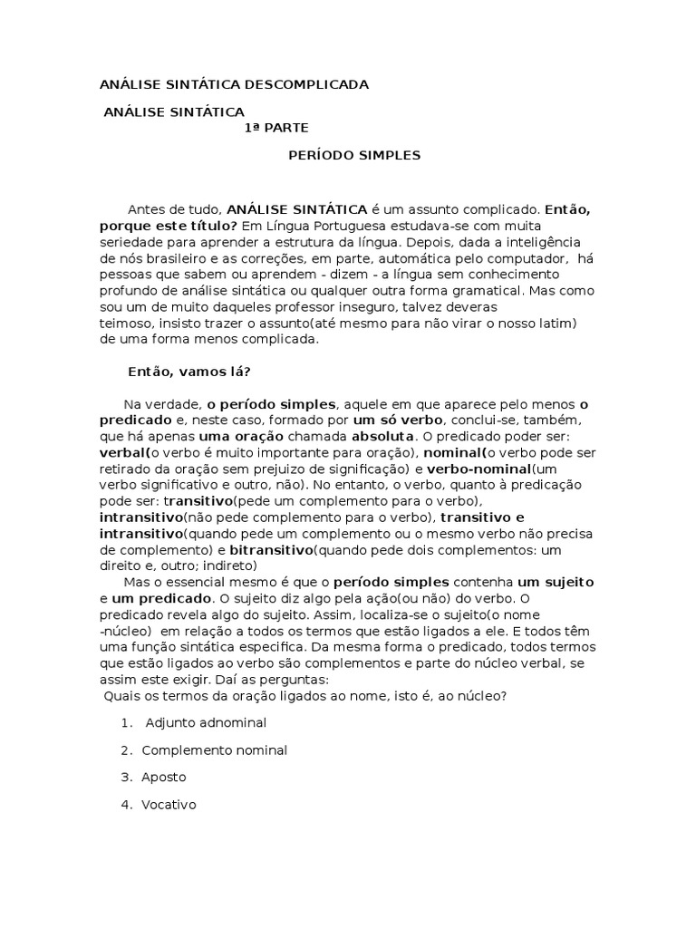 Análise Sintática do Período Simples | PDF | Assunto (gramática ...