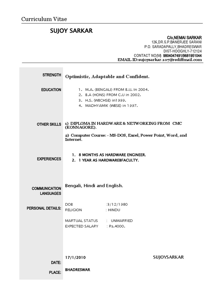 Adaptable CV of Sujoy Sarkar | PDF