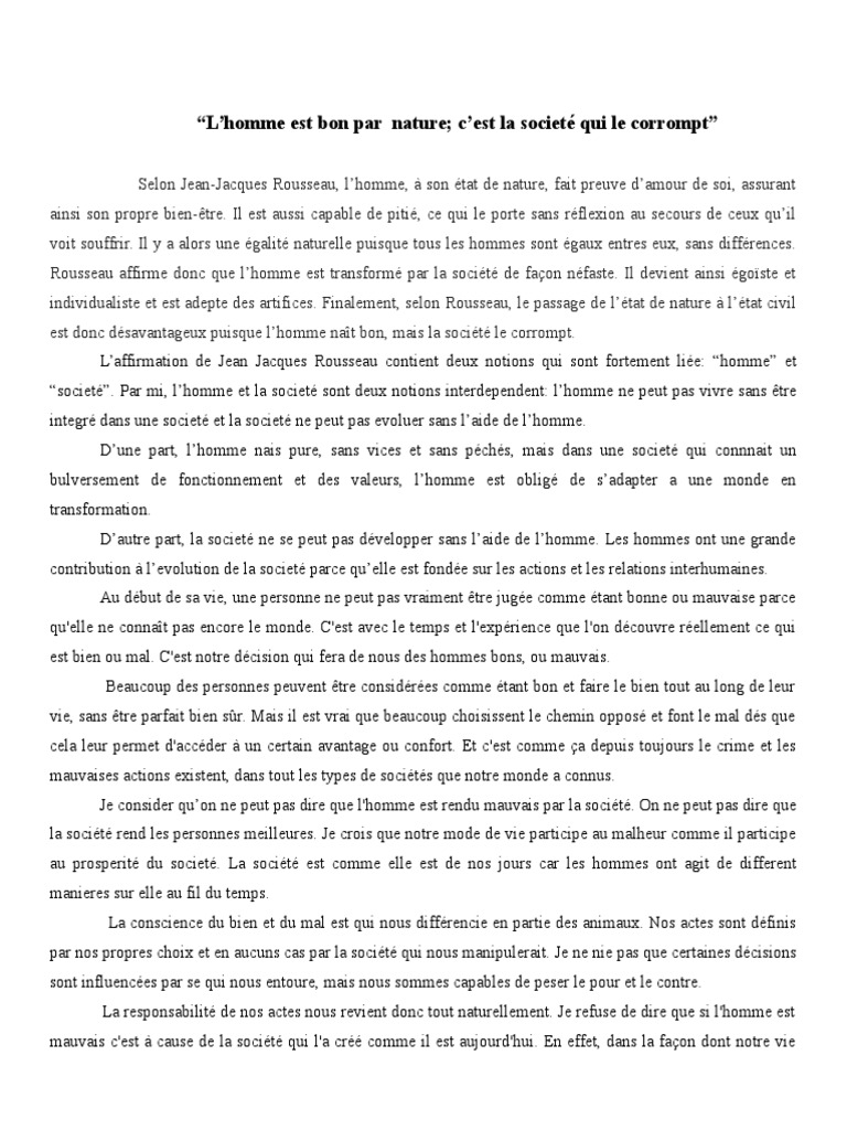 L'homme Est Bon Par Nature C'est La Societé Qui Le Corrompt PDF Mal JeanJacques Rousseau