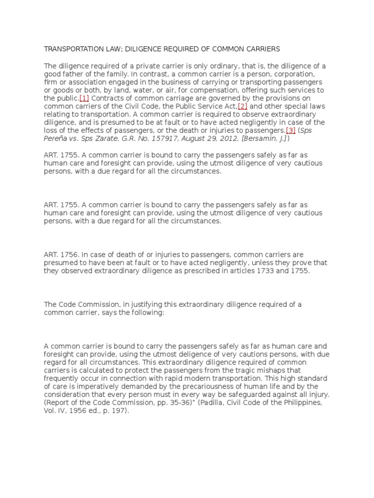 Transportation Law Diligence Required of Common Carriers PDF Common