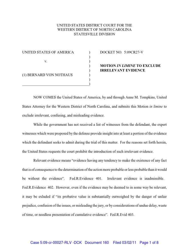 Motion in Limine To Exclude Irrelevant Evidence PDF Social