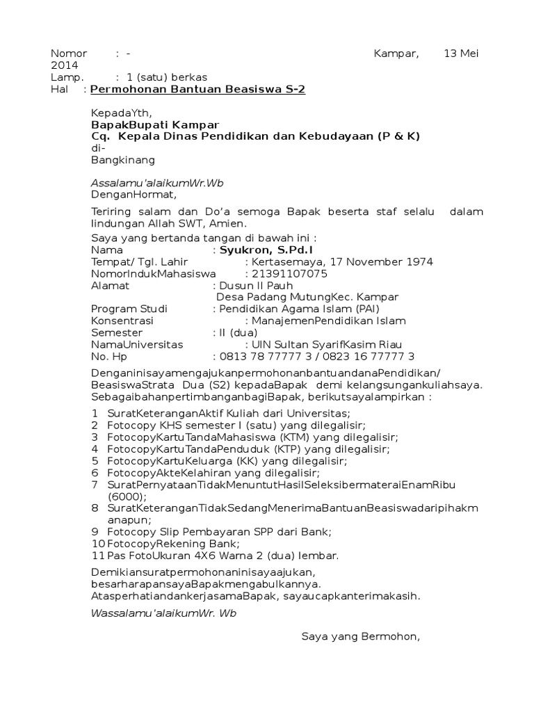 Contoh Surat Permohonan Beasiswa