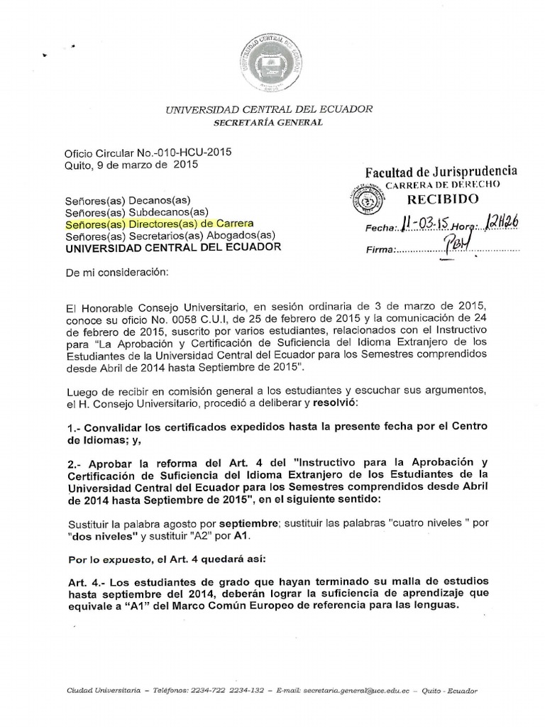 Oficio Circular No. 10-HCU-2015