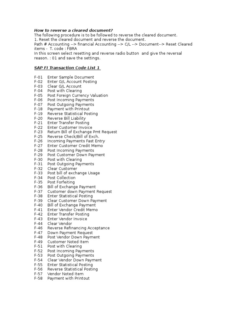 Sap Fi Transaction Codes List I | PDF | Cheque | Payments