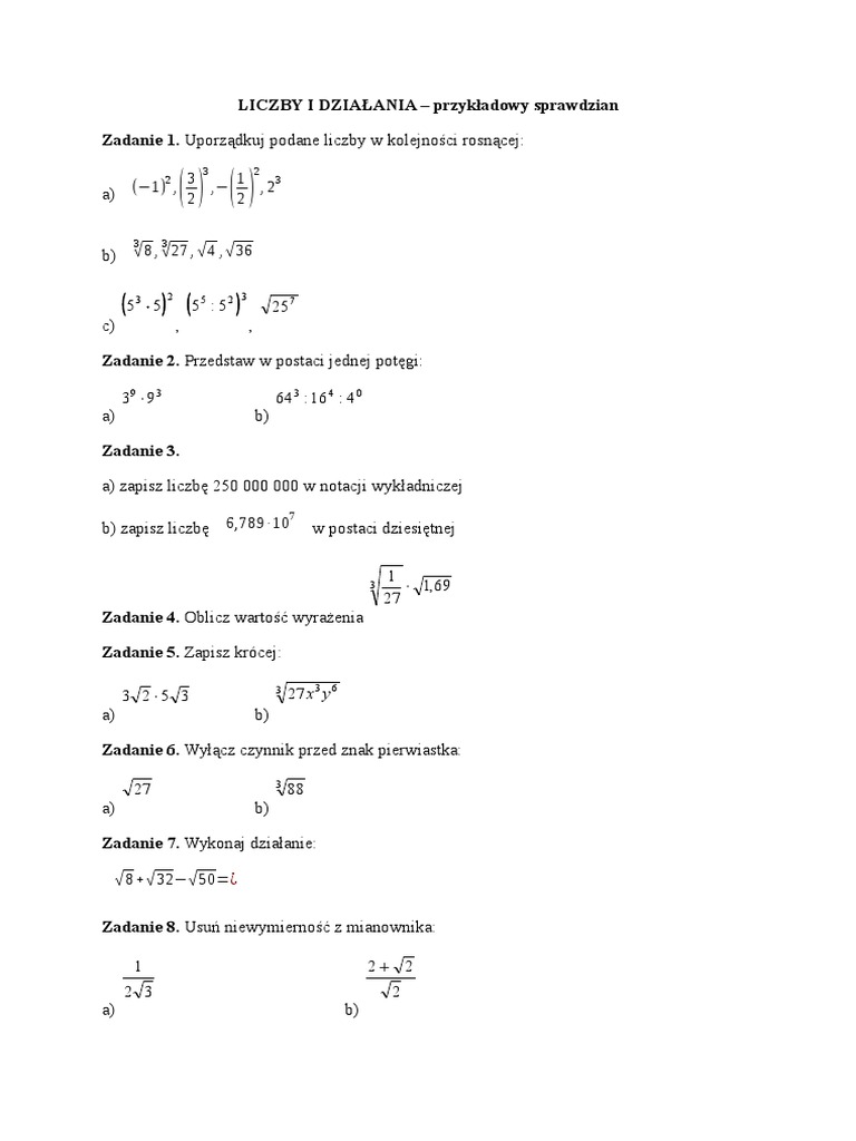 Matematyka Klasa 7 Liczby I Działania Sprawdzian Pdf