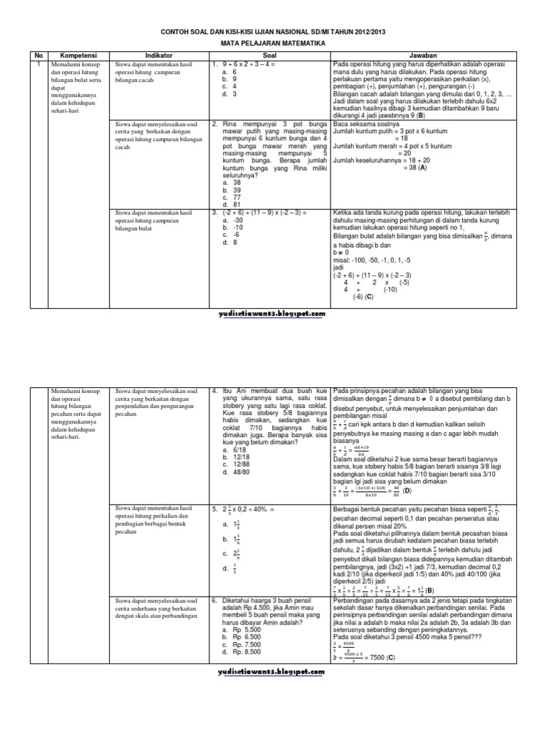 Kisi Kisi Contoh Soal Dan Kunci Jawaban Matematika Un Kelas 6 Pdf