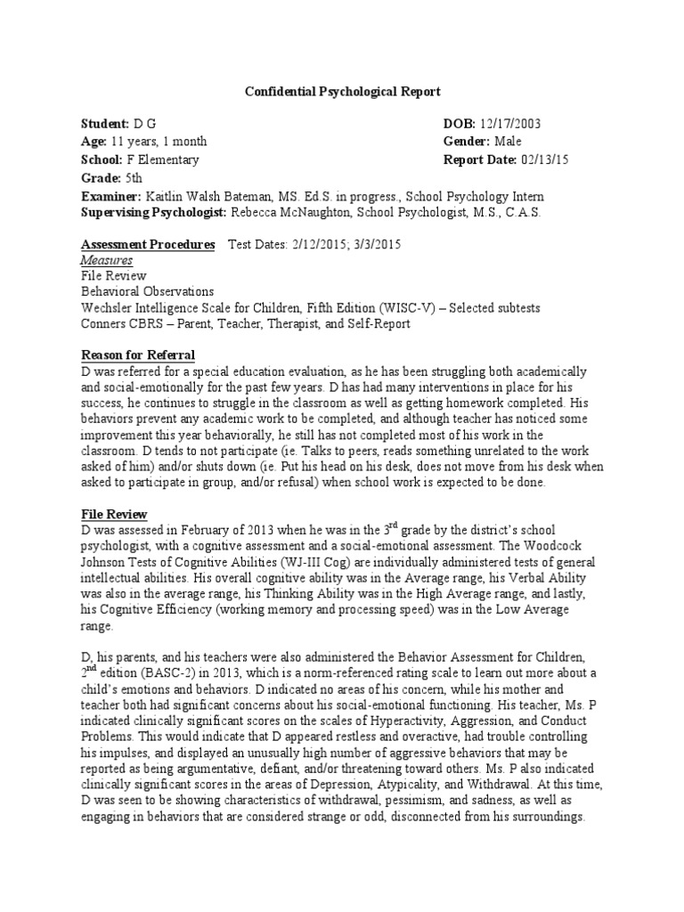 Confidential Psychological Report DG PDF Attention Deficit