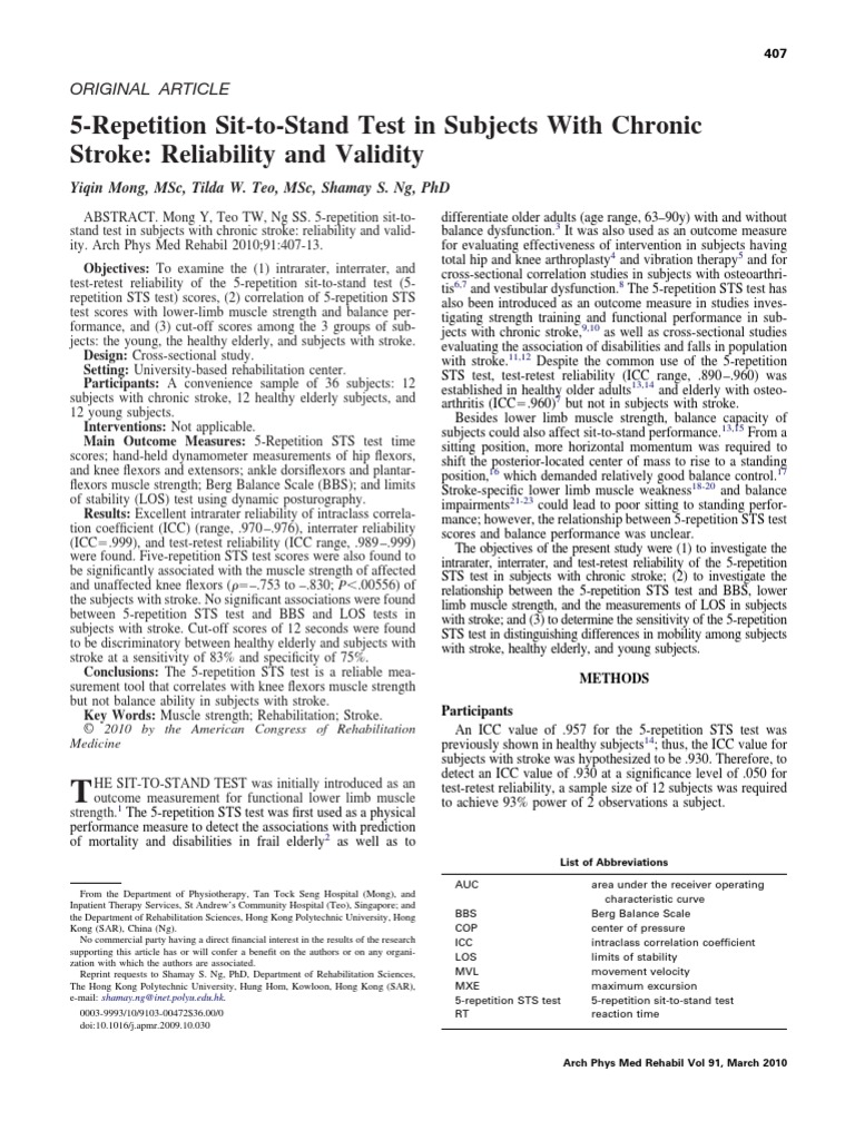5-Repetition Sit-To-Stand Test in Subjects With Chronic Stroke | PDF ...