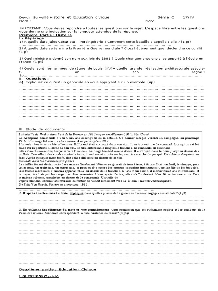 Devoir Commun Histoire géographie 3ème 2022 Devoir Surveillé Histoire Et Education Civique 3ème C 17 | PDF | Guerre de  tranchées | Citoyenneté