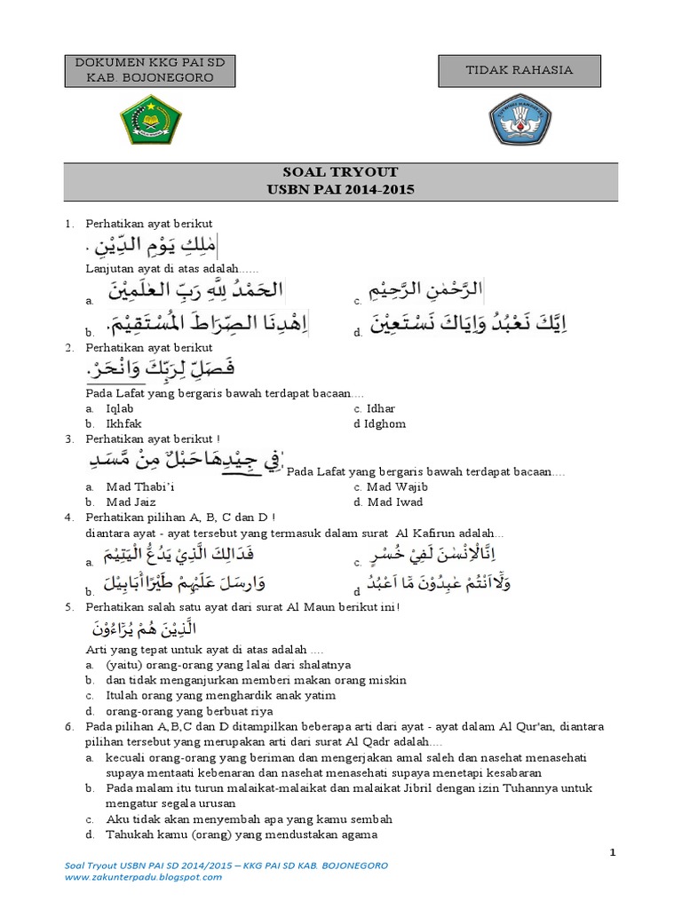 Soal Tryout Usbn Pai Sd 2014 2015