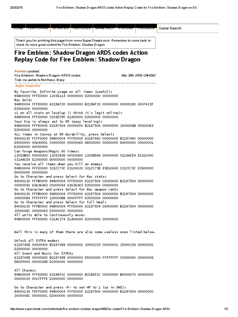 Fire Emblem: Shadow Dragon AR Codes | PDF | Technology & Engineering