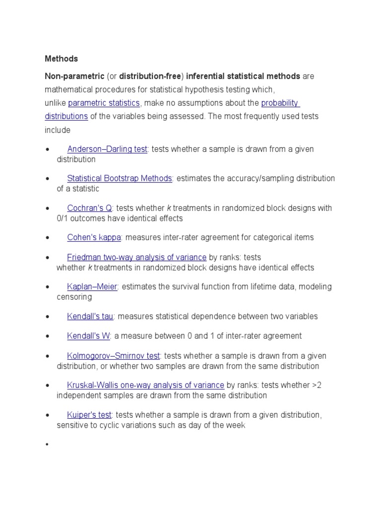 Methods non parametric or distribution free inferential statistical