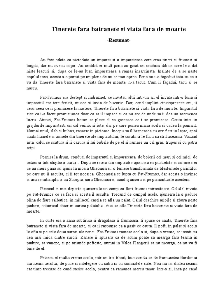 Tinerete Fara Batranete Rezumat Rezumat - Basmul Tinerete Fara Batranete Si Viata Fara de Moarte | PDF