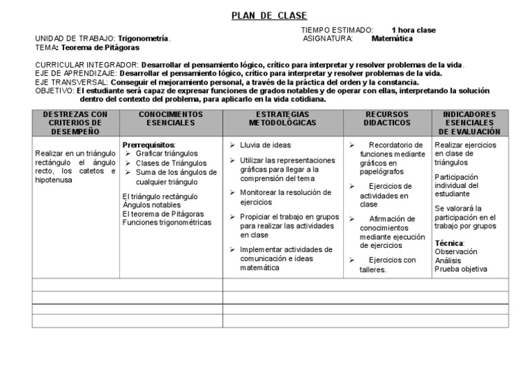 Ejemplo de Plan de Clase: Teorema de Pitágoras | PDF | Crecimiento ...