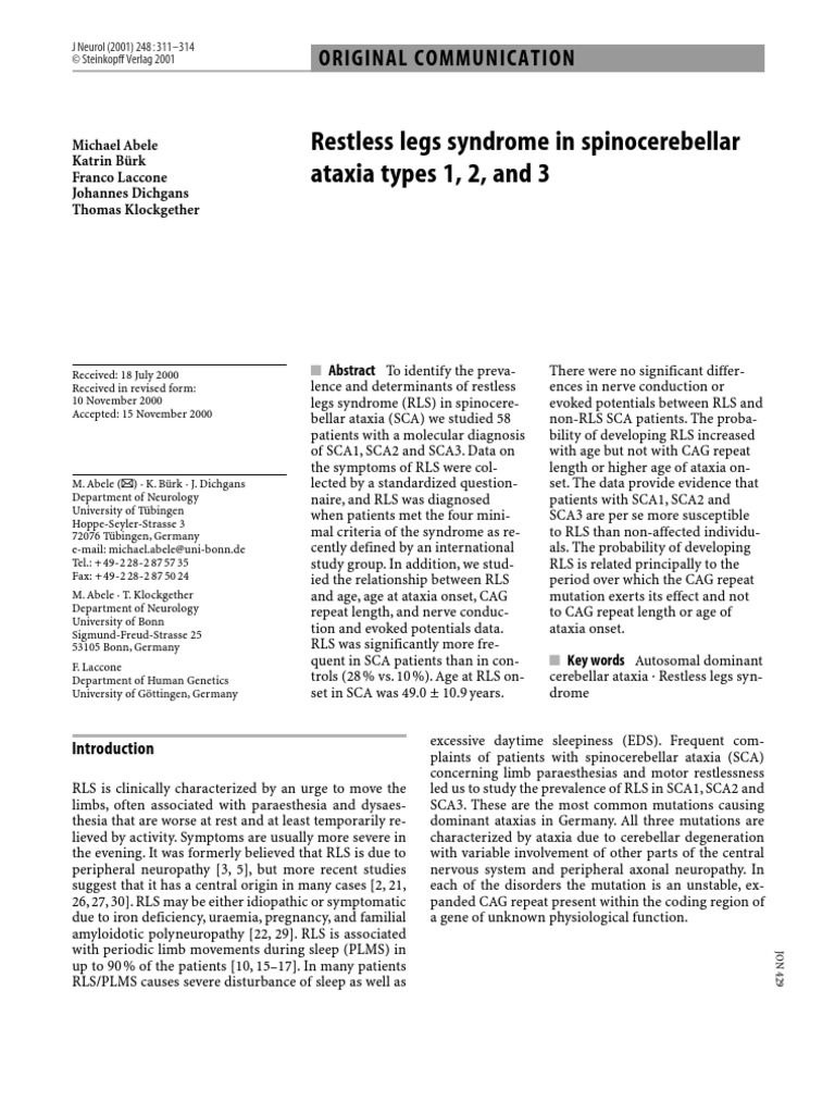 Restless Leg Syndrome in Spinocerebellar Ataxia Types 1, 2, and 3 | PDF