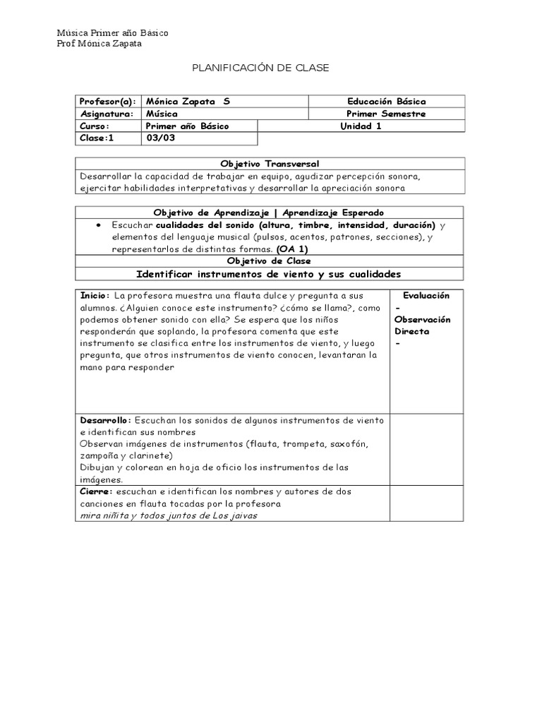 Planificación de Música para Primer Básico | PDF | Ritmo | Sonido