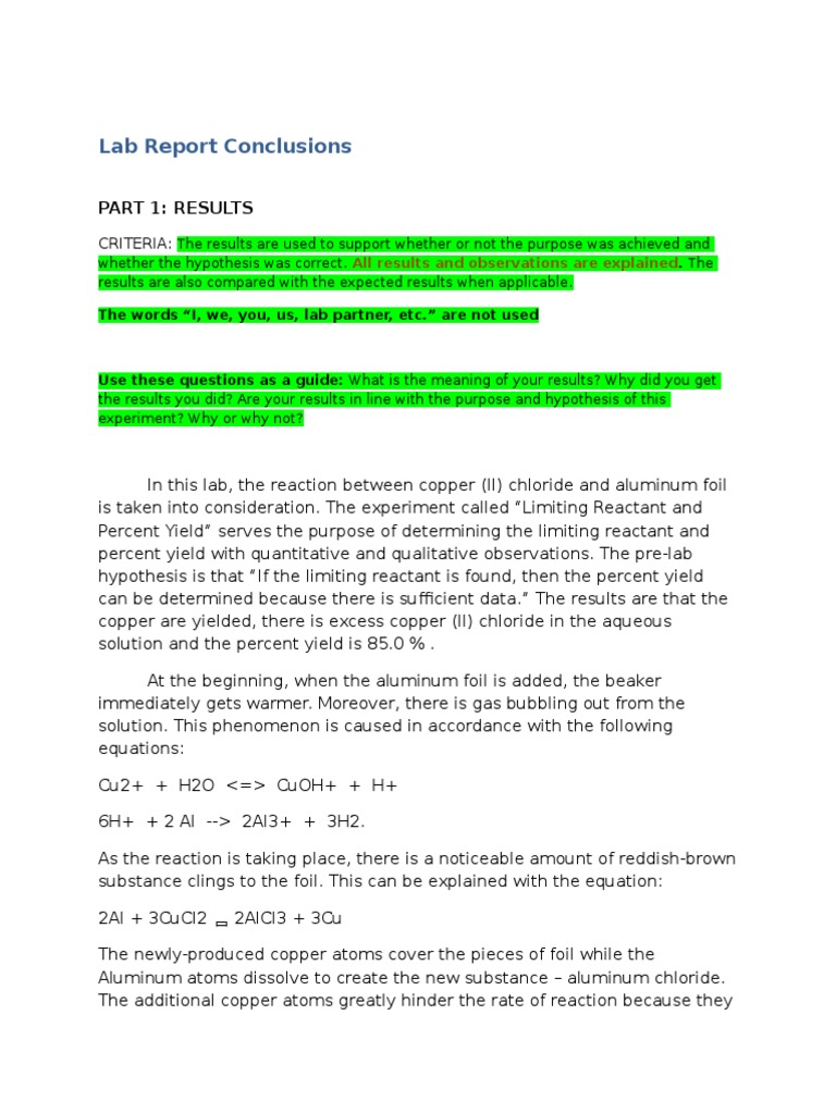 Lab Report Conclusions Chemical Reactions Aluminium