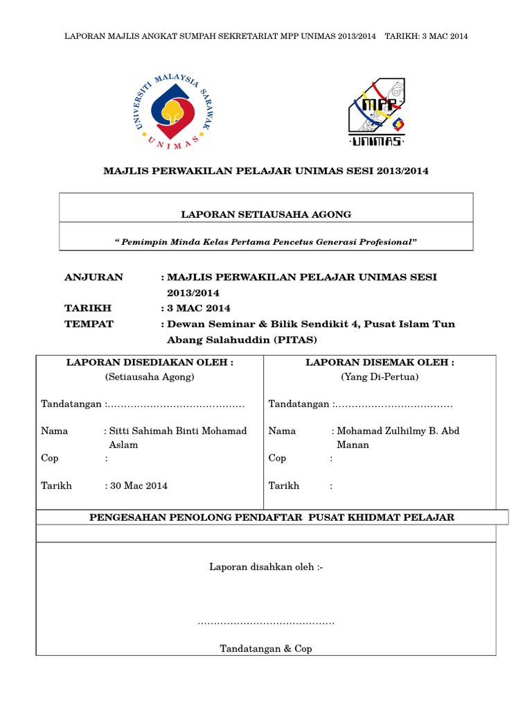Laporan Angkat Sumpah MPP UNIMAS 2014 | PDF | Bisnis | Ilmu Sosial