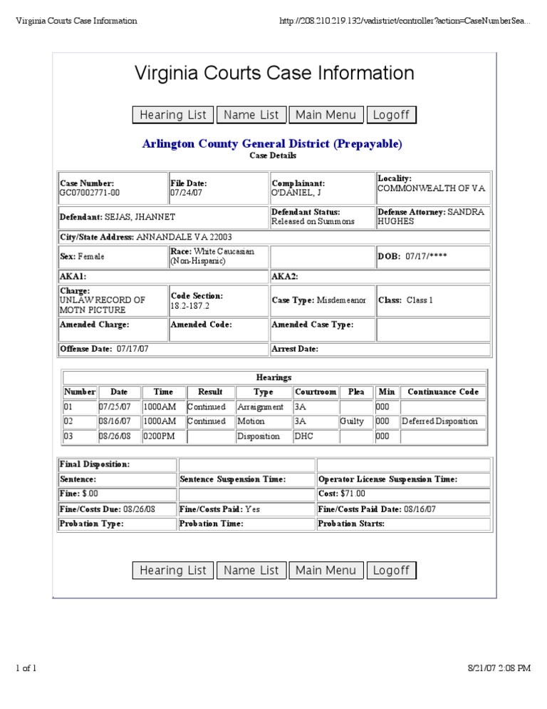 Virginia Circuit Court Case Details | PDF | Probation | Arraignment