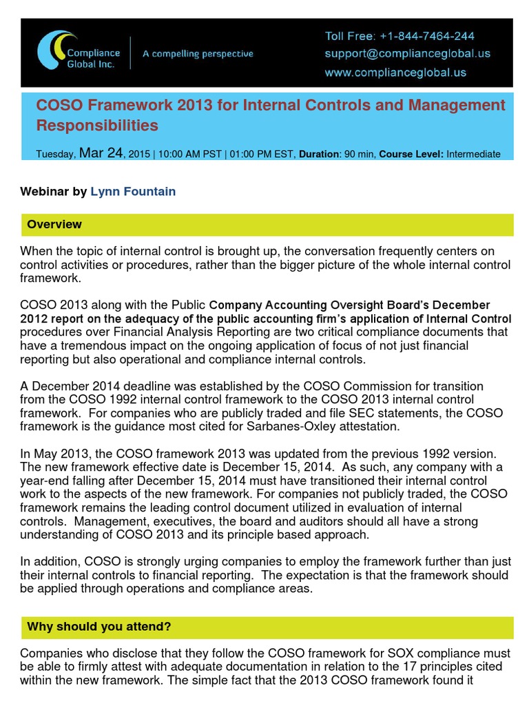 COSO Framework 2013 For Internal Controls and Management