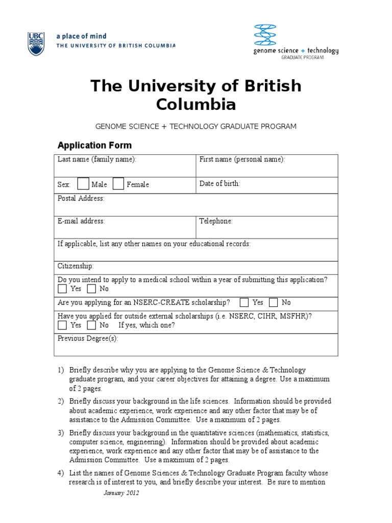 The University of British Columbia Application Form