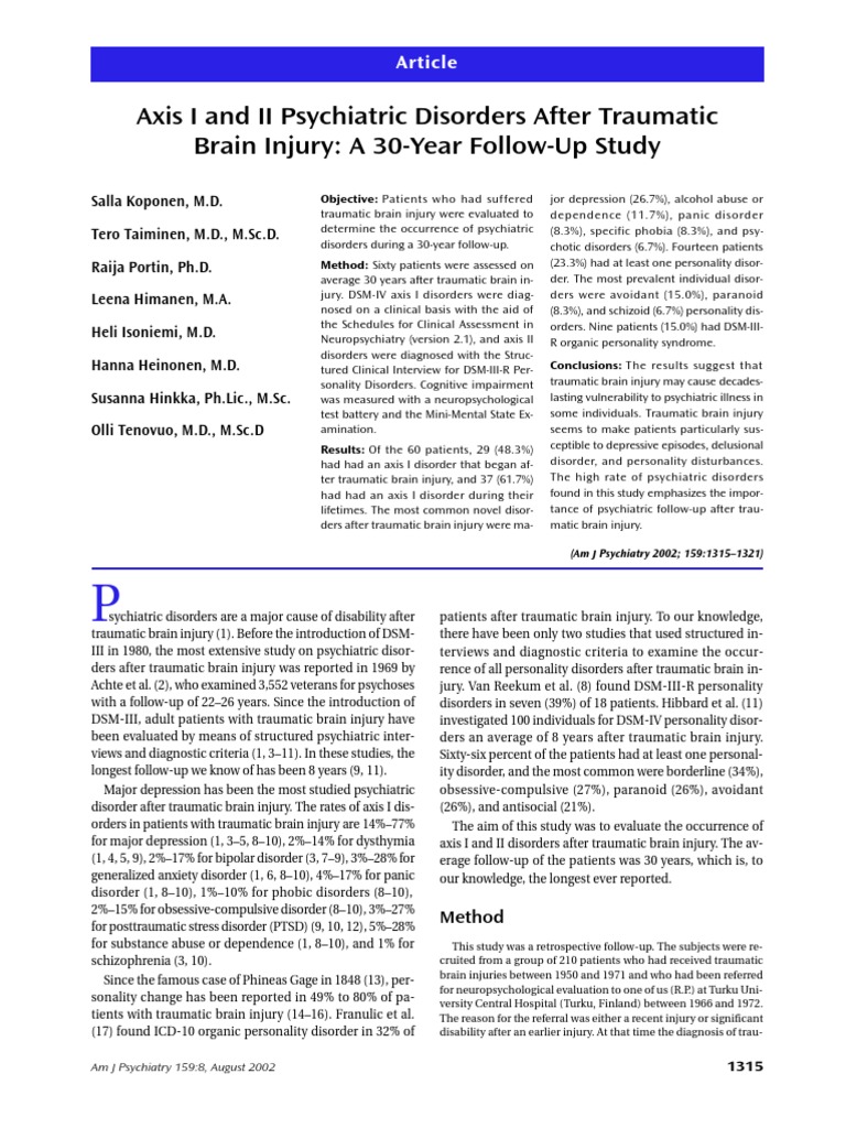 Axis I and II Psychiatric Disorders After Traumatic Brain Injury A 30Year FollowUp Study