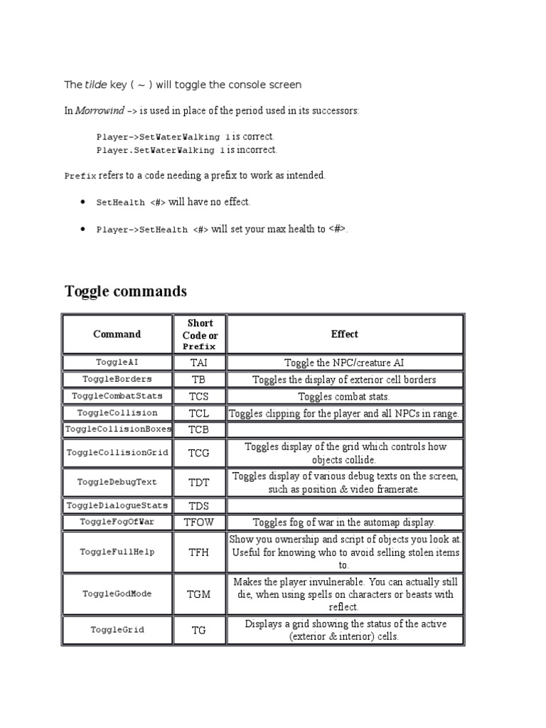 TES Morrowind Console Commands | PDF | Command Line Interface 
