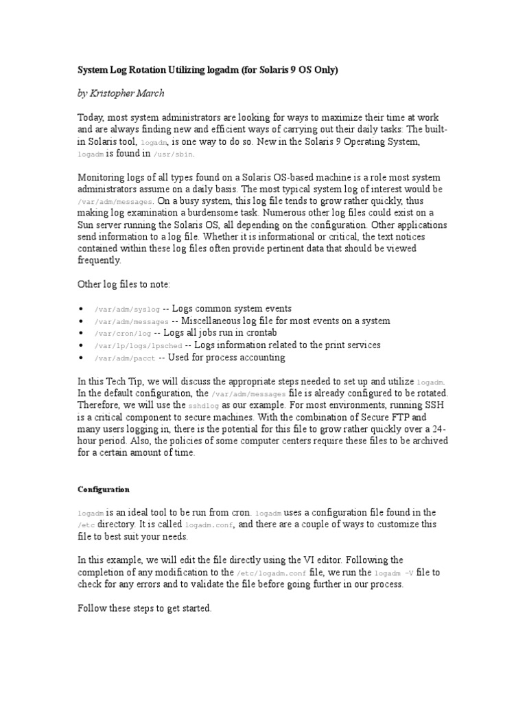 Log Rotation with logadm on Solaris 9 | PDF | Computer Data | System ...