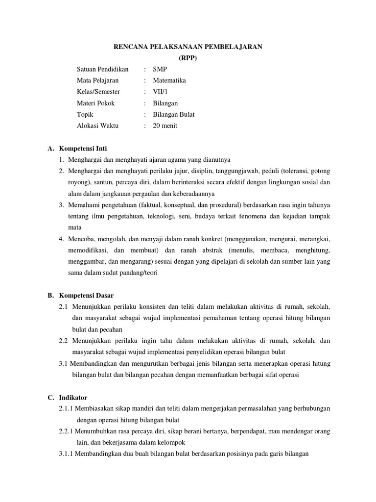 Rpp K13 Bilangan Bulat Pdf