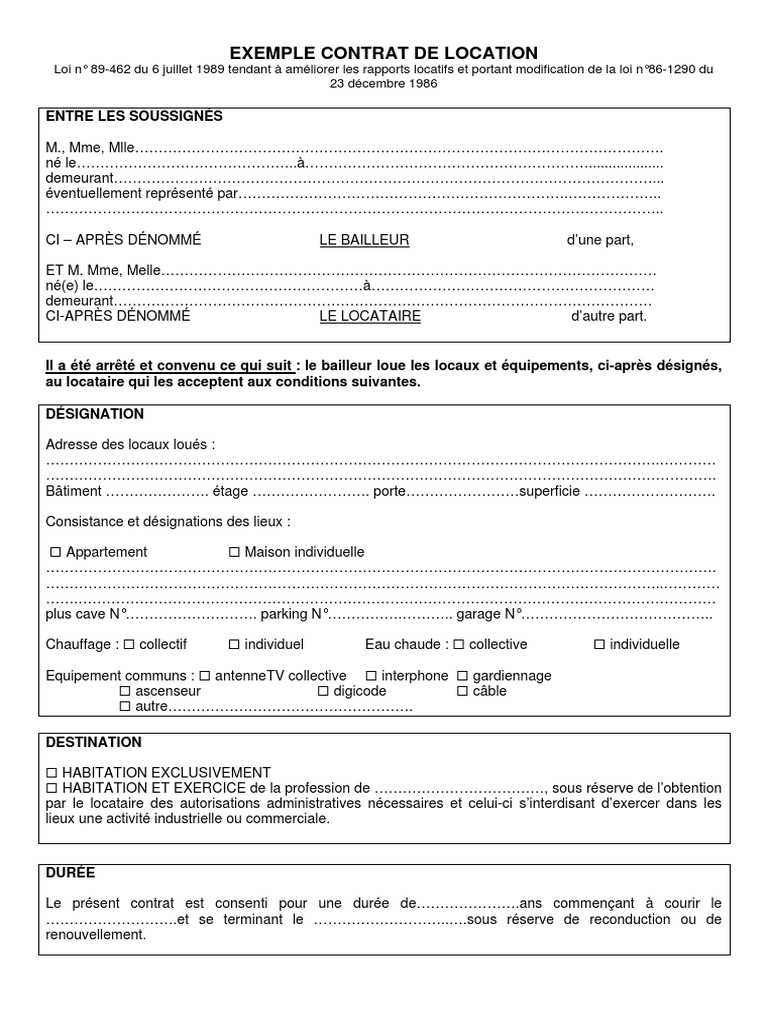 Modèle d'un contrat de location  Condominium  Affaires