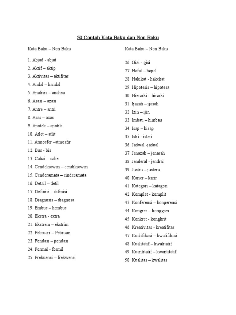 50 Contoh Kata Baku Dan Non Baku