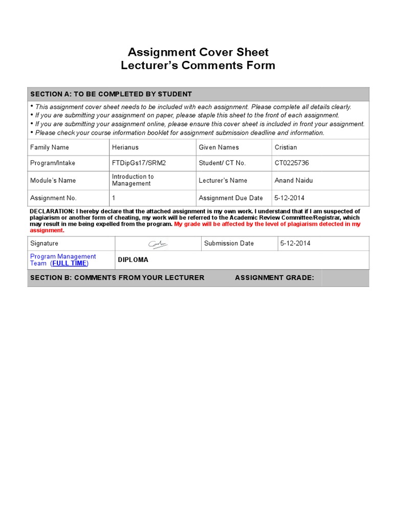 Assignment Cover Sheet Template | PDF | Career & Growth