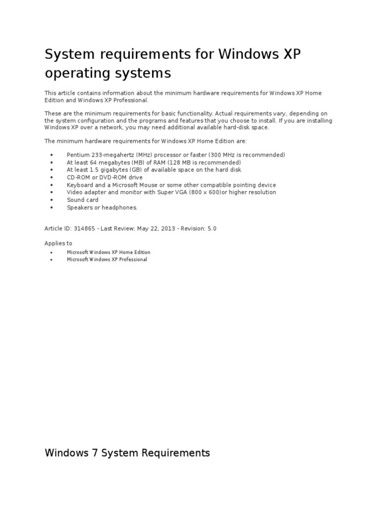 System Requirements For Windows XP Operating Systems PDF