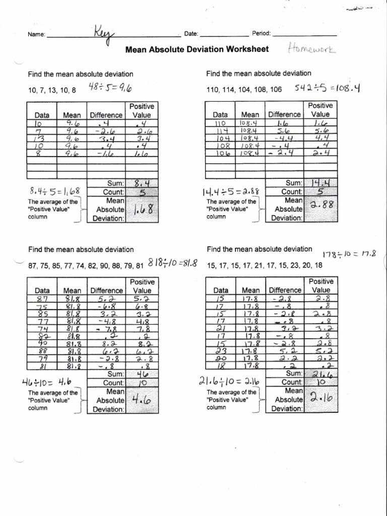Key HWK Mean Absolute Deviation  PDF Within  Mean Absolute Deviation Worksheet