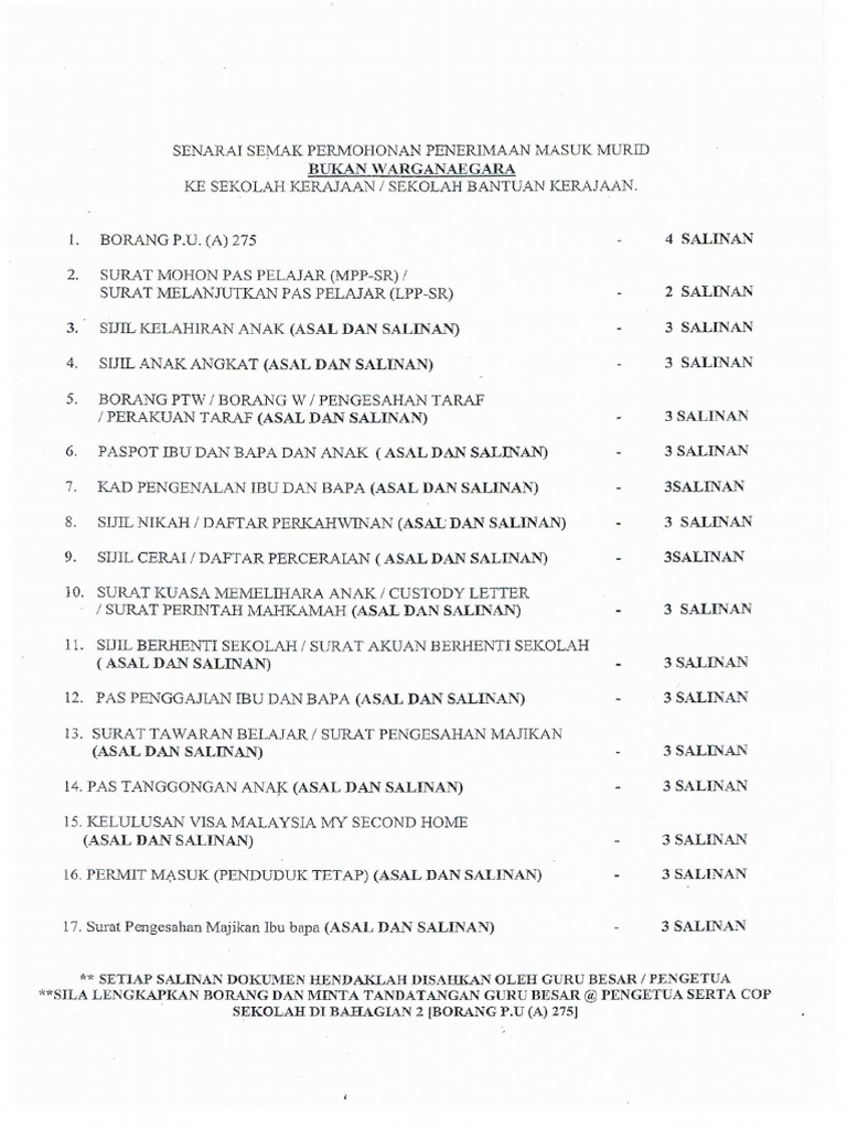 Senarai Semak Permohonan Penerimaan Masuk Murid Bukan Warganegara Ke Sek Kerajaan Sek Bantuan Kerajaan Pdf