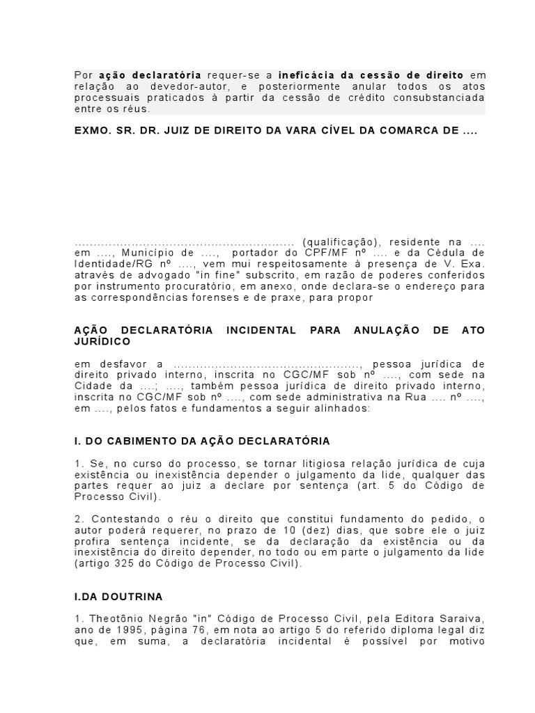 Ação Declaratória Requer-Se A Ineficácia Da Cessão de Direito | PDF