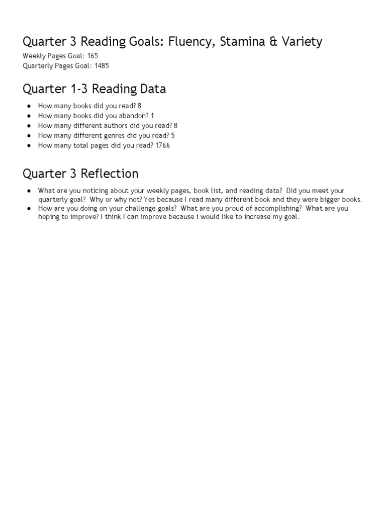 Quarter 3 Reading Goals Fluency, Stamina & Variety PDF