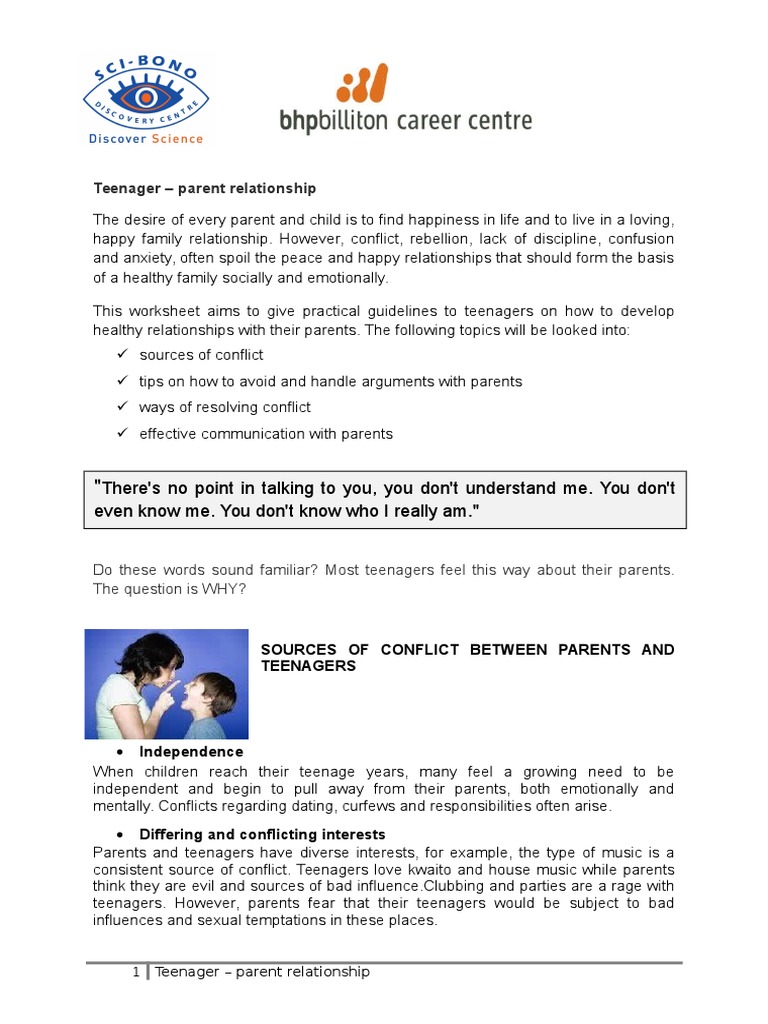 Teenage-parent Relationship Worksheet | Adolescence | Sexual Intercourse