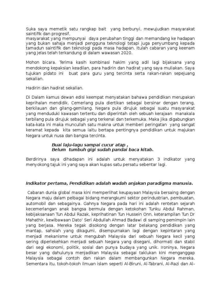 Pidato Pendidikan Cemerlang Negara Terbilang