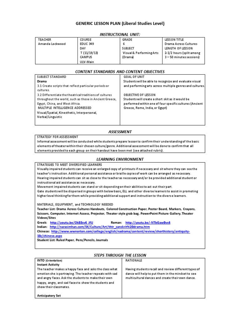 Integrated lesson plan 1 theatre educational assessment