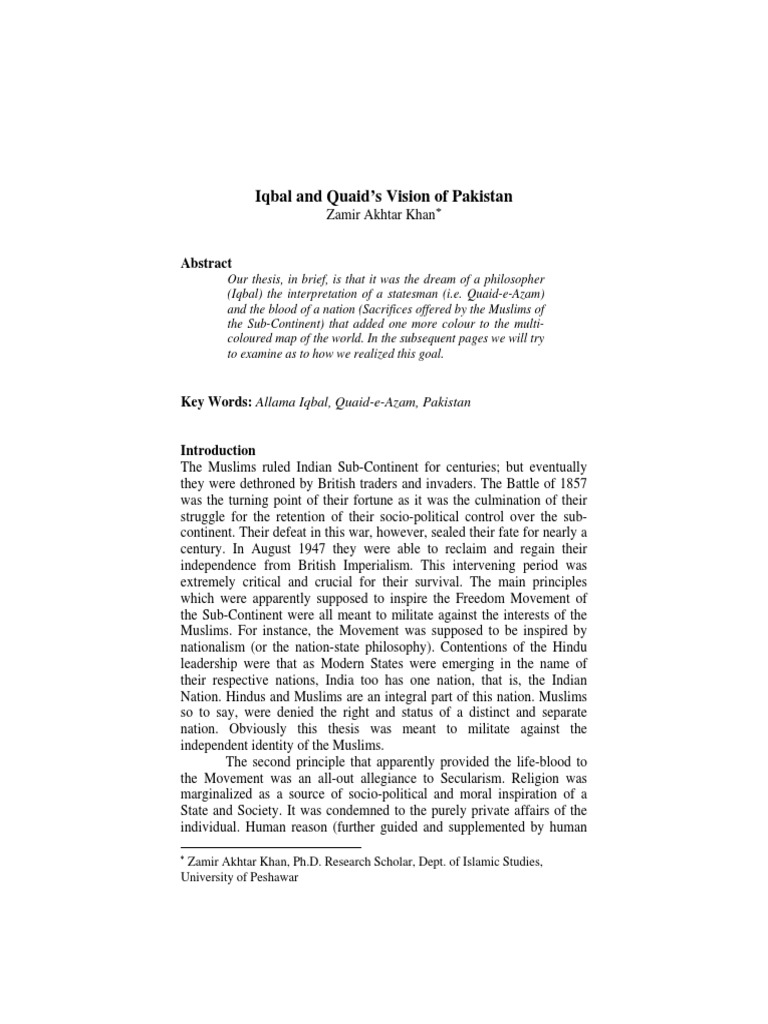 essay on quaid's vision of pakistan