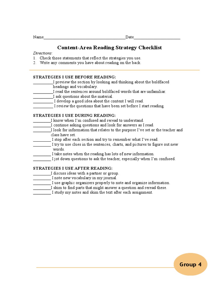 Content-Area Reading Strategy Checklist | PDF