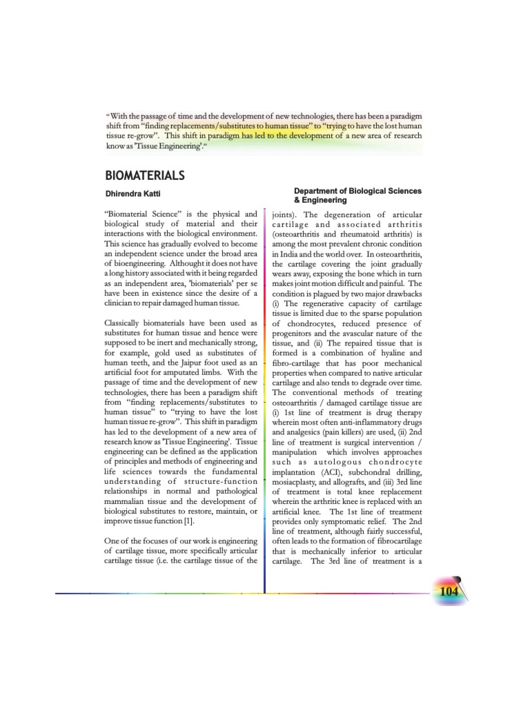 Biomaterials: Dhirendra Katti Department of Biological Sciences ...