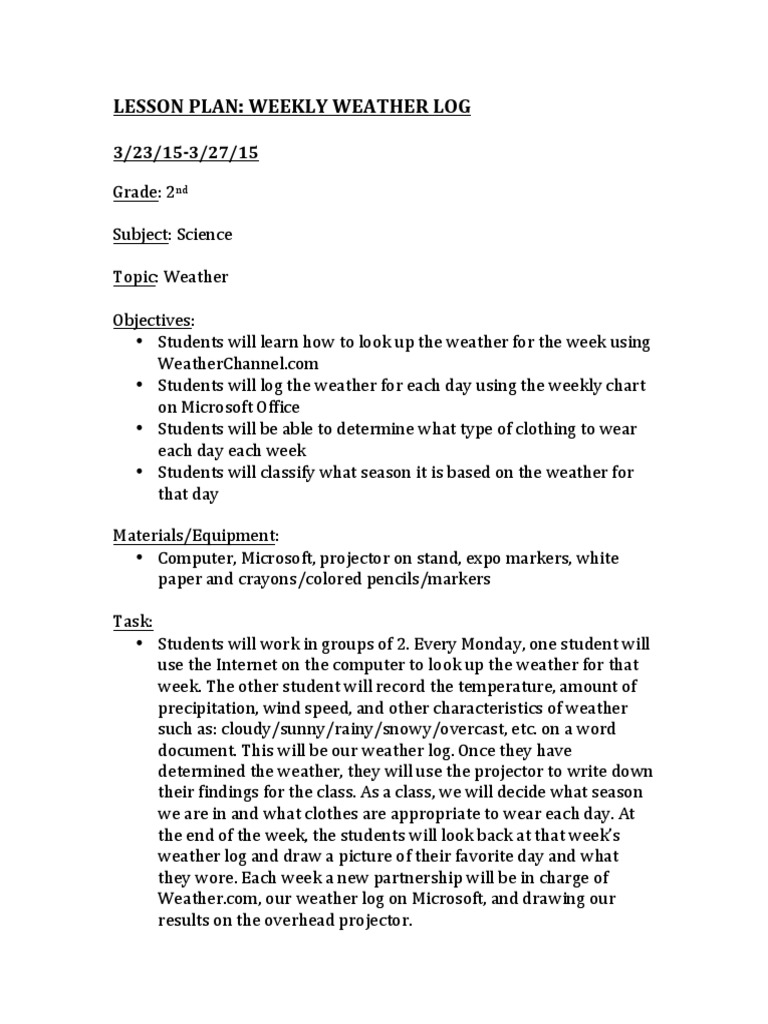 2nd Grade Weekly Weather Log Plan | PDF | Career & Growth | Computers