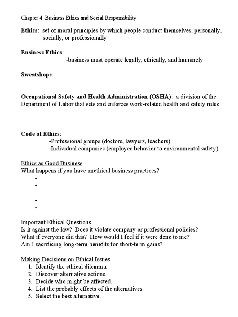 Chapter 4 Business Ethics and Social Responsibility Student Notes | PDF ...
