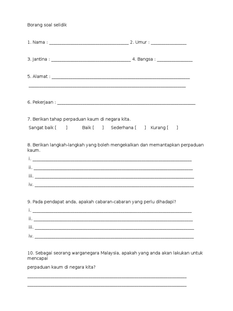 Borang Soal Selidik Temu Bual Kerja Lapangan Tugasan Geografi Tingkatan 3 Bumi Gemilang