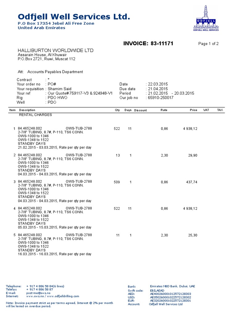 Odfjell Well Services Invoice 83-11171 | PDF | Finance & Money Management
