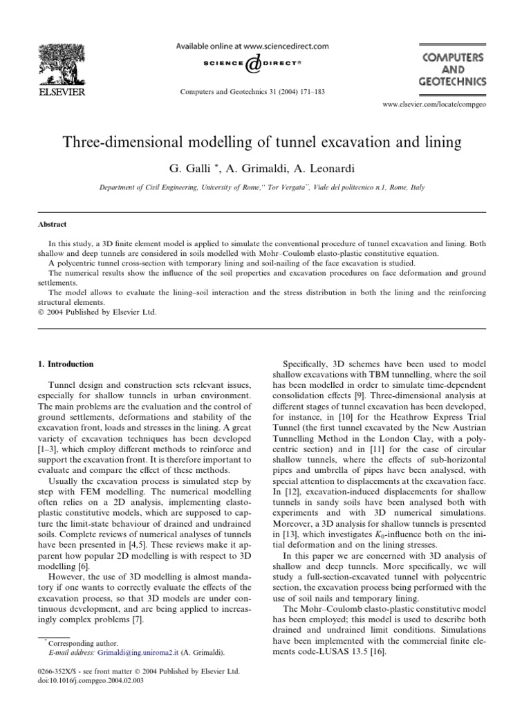 Three-Dimensional Modelling of Tunnel Excavation and Lining | PDF ...