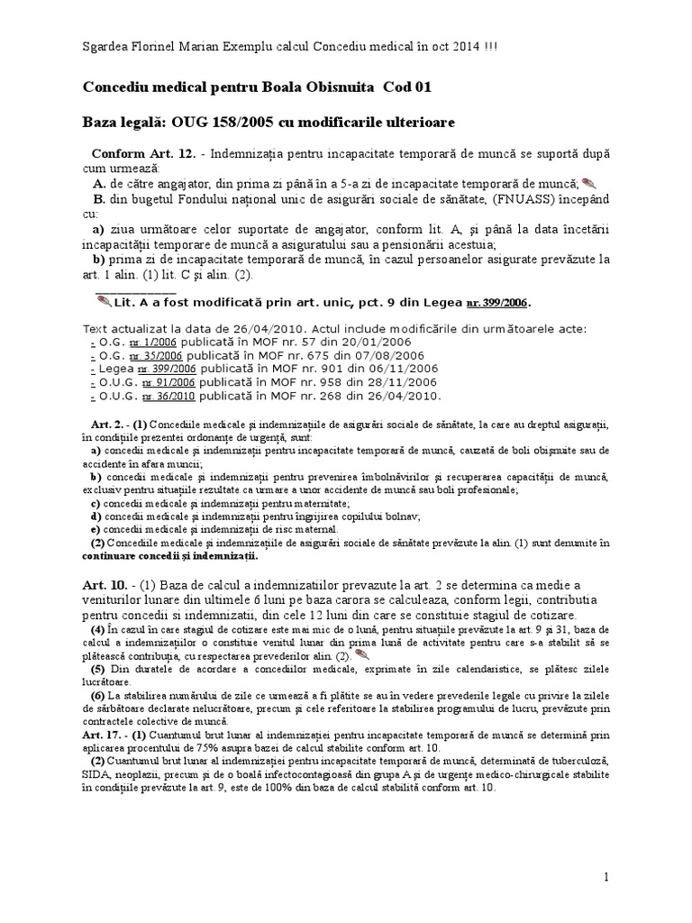 Concediu Medical Pentru Boala Obisnuita Cod 01 | PDF