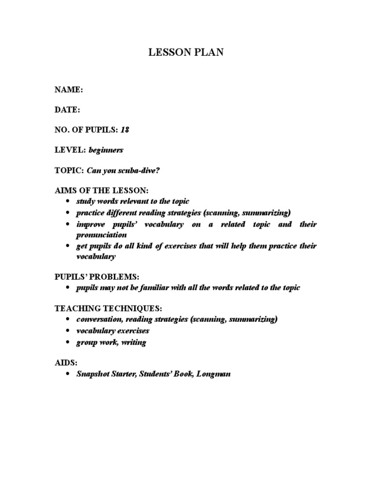 Scuba Diving Lesson Plan for Beginners | PDF
